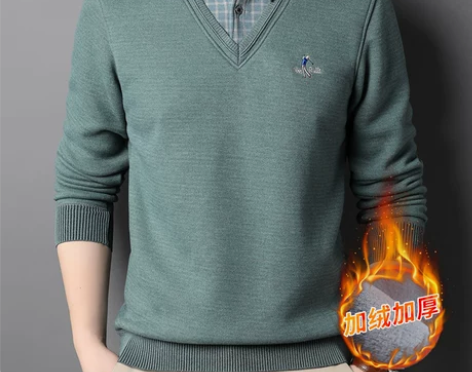 ?南极人毛衣男假两件衬衫领加绒加厚宽松休闲...