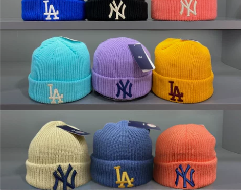 MLB毛线帽女NY冷帽洋基队帽子针织帽紫色...