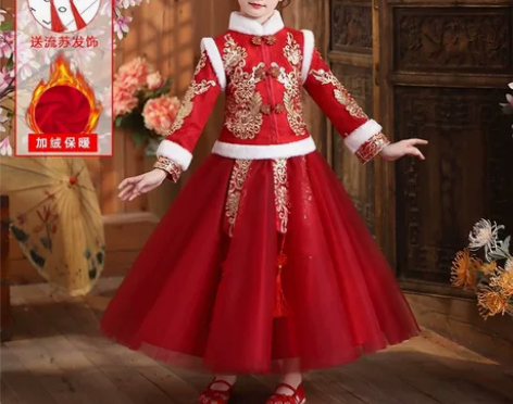 【全新】汉服女童公主裙套装秋冬加绒中国风唐...