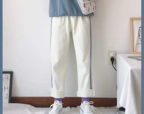 自制】复古小清新拼色蓝白双杠松紧腰宽松直筒...