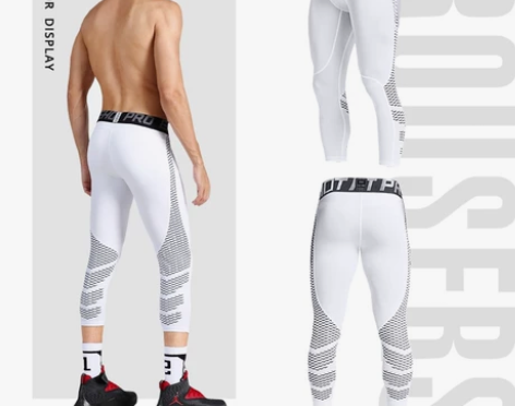 春夏透气速干健身裤男七分裤鲨鱼纹篮球紧身裤...