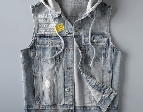 点霸可脱帽牛仔马甲男士春秋季潮牌印花休闲