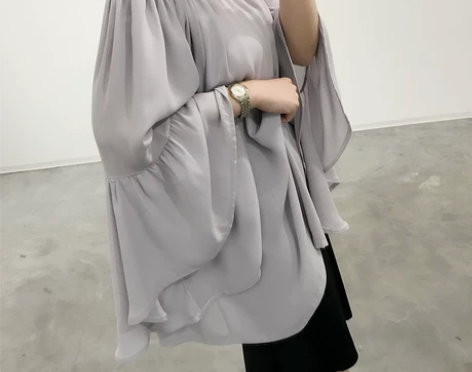 一字领露肩罩衫喇叭袖夏长袖宽松雪纺上衣长t...