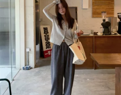 LIL CHER灰色高腰阔腿休闲运动裤女2...