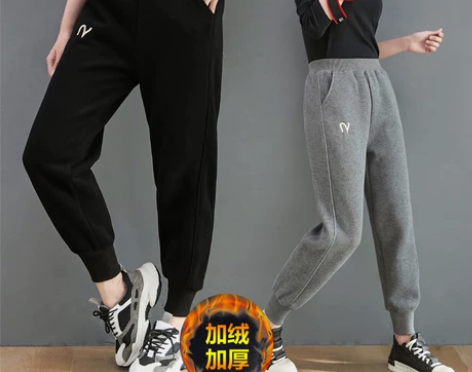 大码女装秋冬季加绒加厚灰色运动裤显瘦百搭宽...