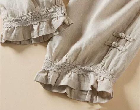 蕾丝拼接棉麻花苞裤女夏季薄款复古盘扣亚麻