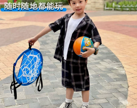 儿童可折叠免打孔投篮球框静音拍拍球训练架篮...