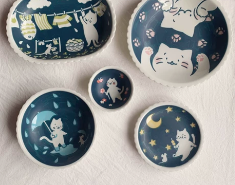 日本·美濃焼 可爱猫咪图案花边碗碟/耐热陶...