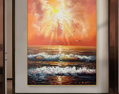手绘油画海岸日出挂画客厅背景墙装饰画轻奢玄...