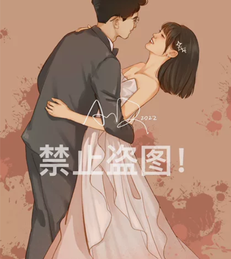 手绘婚纱照  婚礼请柬插画设计 卡通情侣头...