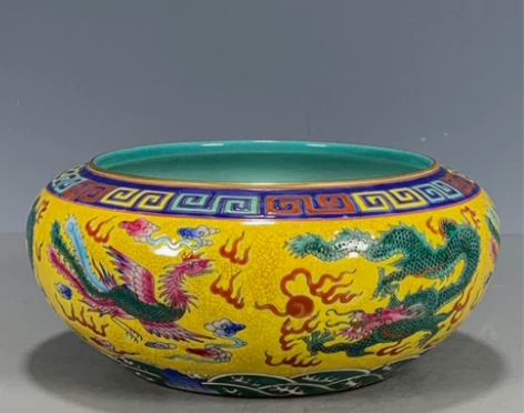 清雍正年制珐琅彩松石釉手绘龙凤纹水洗茶洗老...