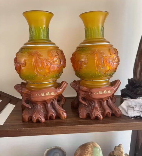 仿琉璃 八骏雄风插花瓶摆件搬新家新房乔迁开...