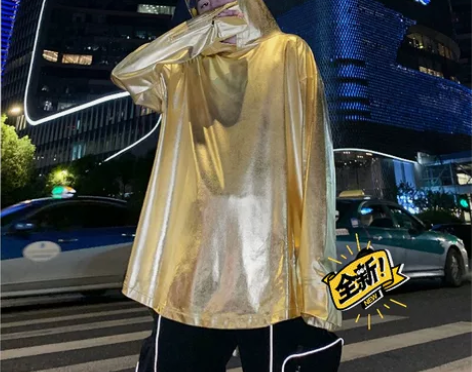 金色银色亮面连帽T恤夜店男装卫衣,舞台装演...