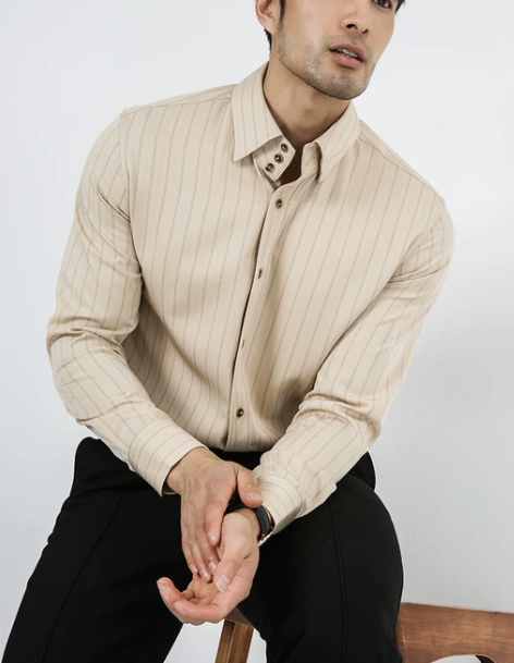 男装设计感 商务绅士 意式复古条纹衬衫男长...