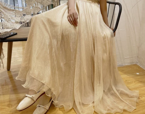 春夏新款仙女波浪边网纱高腰飘逸温柔闪闪光泽...