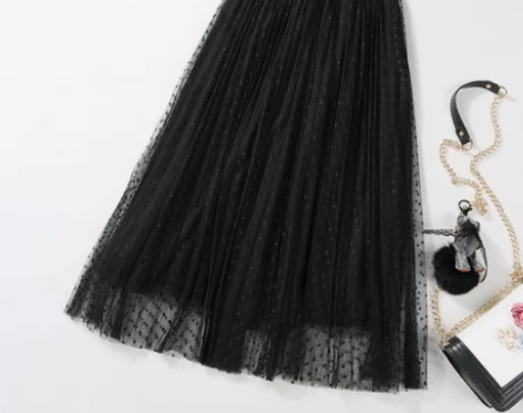 2019秋冬韩版新款高腰波点网纱半身裙中长...