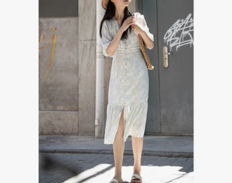 ＜糖皮出品＞佩兰草清香 法式连衣裙女泡泡袖...