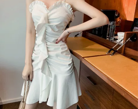 性感吊带裙子修身褶皱荷叶边夏季新款鱼尾包…...