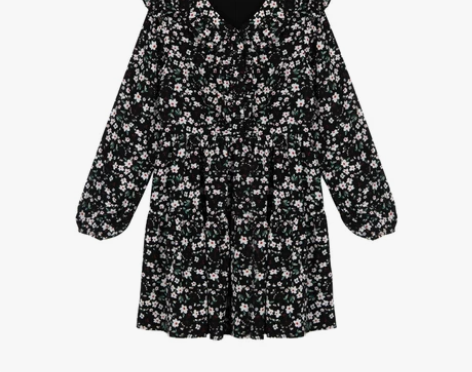 瞌睡兔中长款打底荷叶边v领黑色印花碎花连衣...