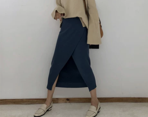 ?EKOOL开叉针织半身裙包臀一步裙女中长...