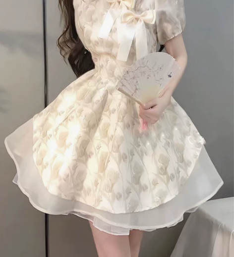 韩系甜美蝴蝶结拼接碎花连衣裙女学生夏日收腰...