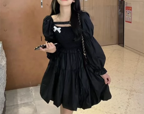 设计感秋季2022收腰显瘦蓬蓬蝴蝶结镂空减...