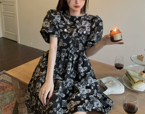 连衣裙女法式复古重工刺绣碎花小个子蓬蓬裙2...