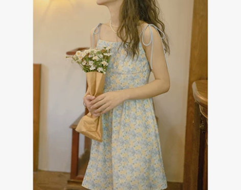 爱爱丸 系带蓝黄碎花雪纺吊带连衣裙高腰短款...