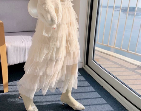白色蕾丝半身裙女2019秋冬季中长款网纱蛋...