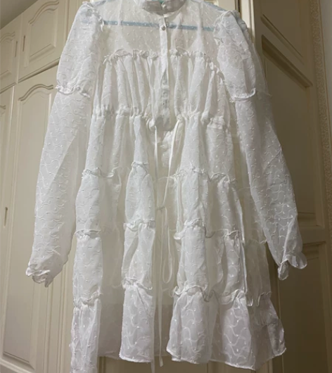 白色雪纺蛋糕长袖连衣裙名媛风公主群带内搭吊...