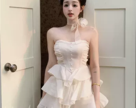 辣妹一字肩抹胸连衣裙仙女春季纯欲芭蕾风裙子...