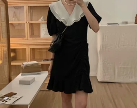 现！韩国东大门正品女拼色荷叶边抽绳系带显瘦...