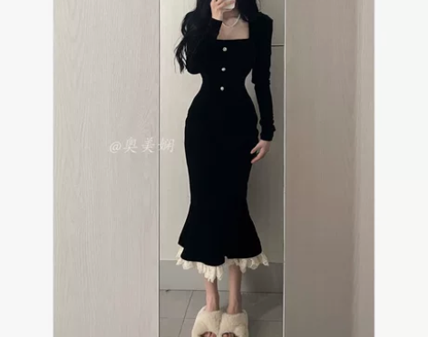 十三与小小 鱼尾连衣裙女春秋修身显瘦包臀长...