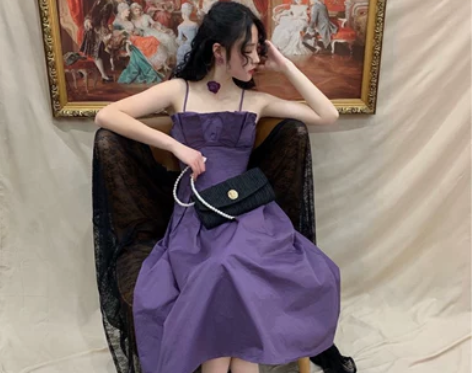 晚时光2019夏新款 复古紫罗兰咖啡立体花...