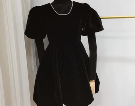 W+Alice花花家收腰丝绒花苞小黑裙女冬...