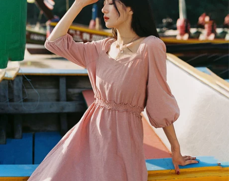 梅子熟了 文艺灯笼袖连衣裙 法式复古温柔风...