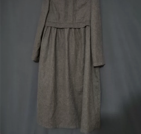 包邮 vintage深灰学院风泡泡袖羊毛连...