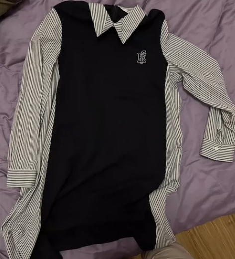 伊芙丽 春装 学院风 条纹拼接弹力 长袖宽...