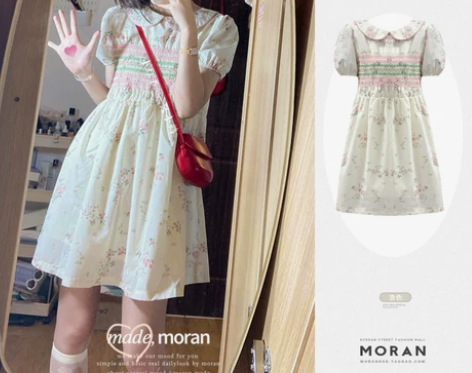 森系田园风少女连衣裙复古法式可爱碎花娃娃领...