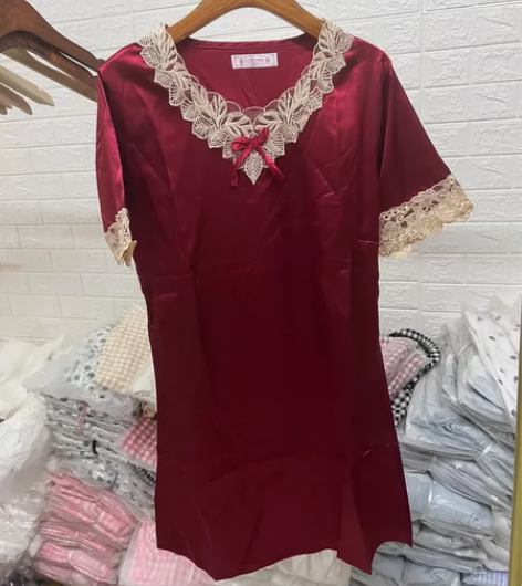 0084仿丝绸蕾丝花边蝴蝶结性感短袖睡裙家...