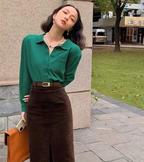 酒午港风复古秋冬新款灯芯绒开叉半身裙 高腰...