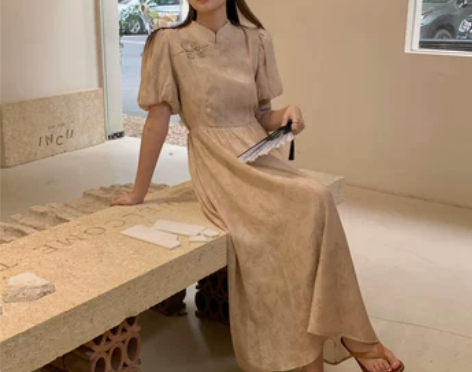 新中式改良旗袍连衣裙女夏复古国风立领短袖收...