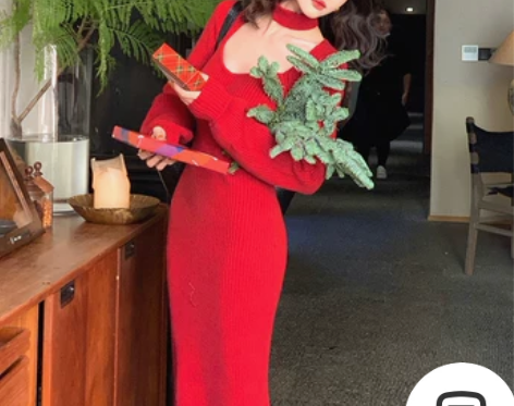 酒午港风复古加厚围脖设计V领针织连衣裙高腰...