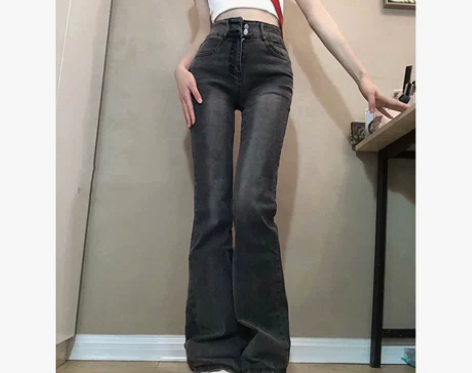 烟灰色高腰微喇叭牛仔裤女2023夏季新款修...