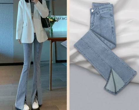 开叉微喇叭牛仔裤女2023年春秋新款高腰显...