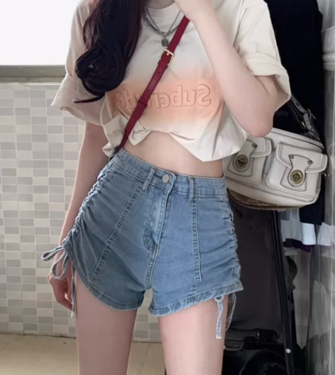 抽绳牛仔裤 女夏高腰显瘦设计感裤子纯欲风辣...