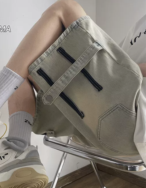 牛仔短裤 五分裤牛仔短裤黄泥染拉链男夏季美...