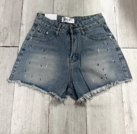 韩国东大门代购的牛仔短裤 复古蓝色画画牛仔...