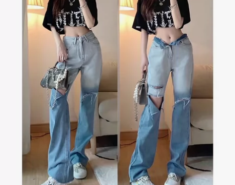 渐变色破洞牛仔裤女潮高街2023夏季欧美高...