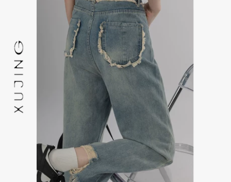 「叙境」高腰破洞毛边直筒牛仔裤女2022秋...